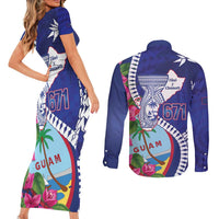 Biba Guam Liberation Day Couples Matching Short Sleeve Bodycon Dress and Long Sleeve Button Shirt Tano y Chamoru Latte Stone Blue LT14 - Polynesian Pride