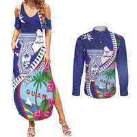 Biba Guam Liberation Day Couples Matching Summer Maxi Dress and Long Sleeve Button Shirt Tano y Chamoru Latte Stone Blue LT14 Blue - Polynesian Pride