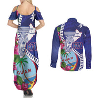 Biba Guam Liberation Day Couples Matching Summer Maxi Dress and Long Sleeve Button Shirt Tano y Chamoru Latte Stone Blue LT14 - Polynesian Pride