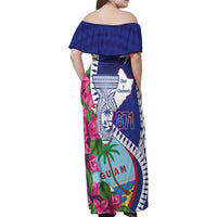 Biba Guam Liberation Day Family Matching Off Shoulder Maxi Dress and Hawaiian Shirt Tano y Chamoru Latte Stone Blue LT14 - Polynesian Pride