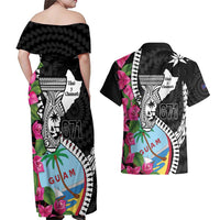 Biba Guam Liberation Day Couples Matching Off Shoulder Maxi Dress and Hawaiian Shirt Tano y Chamoru Latte Stone Black LT14 - Polynesian Pride