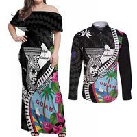 Biba Guam Liberation Day Couples Matching Off Shoulder Maxi Dress and Long Sleeve Button Shirt Tano y Chamoru Latte Stone Black LT14 Black - Polynesian Pride