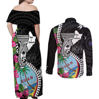 Biba Guam Liberation Day Couples Matching Off Shoulder Maxi Dress and Long Sleeve Button Shirt Tano y Chamoru Latte Stone Black LT14 - Polynesian Pride