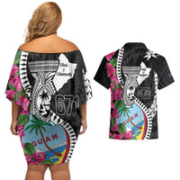 Biba Guam Liberation Day Couples Matching Off Shoulder Short Dress and Hawaiian Shirt Tano y Chamoru Latte Stone Black LT14 - Polynesian Pride