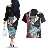 Biba Guam Liberation Day Couples Matching Off The Shoulder Long Sleeve Dress and Hawaiian Shirt Tano y Chamoru Latte Stone Black LT14 - Polynesian Pride