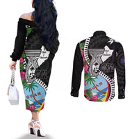 Biba Guam Liberation Day Couples Matching Off The Shoulder Long Sleeve Dress and Long Sleeve Button Shirt Tano y Chamoru Latte Stone Black LT14 - Polynesian Pride