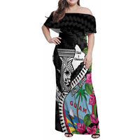 Biba Guam Liberation Day Family Matching Off Shoulder Maxi Dress and Hawaiian Shirt Tano y Chamoru Latte Stone Black LT14 Mom's Dress Black - Polynesian Pride