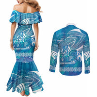 Kuri Dog Waka New Zealand Matariki Couples Matching Mermaid Dress and Long Sleeve Button Shirt Ocean Sharks Maori Tattoo LT14 - Polynesian Pride