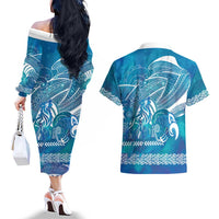 Kuri Dog Waka New Zealand Matariki Couples Matching Off The Shoulder Long Sleeve Dress and Hawaiian Shirt Ocean Sharks Maori Tattoo LT14 - Polynesian Pride