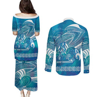 Kuri Dog Waka New Zealand Matariki Couples Matching Puletasi and Long Sleeve Button Shirt Ocean Sharks Maori Tattoo LT14 - Polynesian Pride