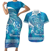 Kuri Dog Waka New Zealand Matariki Couples Matching Short Sleeve Bodycon Dress and Hawaiian Shirt Ocean Sharks Maori Tattoo LT14 Blue - Polynesian Pride