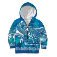 Kuri Dog Waka New Zealand Matariki Kid Hoodie Ocean Sharks Maori Tattoo LT14 Zip Hoodie Blue - Polynesian Pride