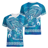 Kuri Dog Waka New Zealand Matariki Women V-Neck T-Shirt Ocean Sharks Maori Tattoo LT14 - Polynesian Pride
