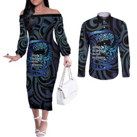 Tuna Eel New Zealand Matariki Couples Matching Off The Shoulder Long Sleeve Dress and Long Sleeve Button Shirt He Piko He Taniwha Maori Pattern LT14 Purple - Polynesian Pride