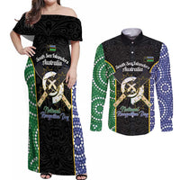 Personalised South Sea Islanders National Recognition Day Couples Matching Off Shoulder Maxi Dress and Long Sleeve Button Shirt Australia Aboriginal Vanuatu Pig Tusk LT14 Black - Polynesian Pride