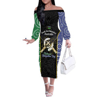 Personalised South Sea Islanders National Recognition Day Family Matching Off The Shoulder Long Sleeve Dress and Hawaiian Shirt Australia Aboriginal Vanuatu Pig Tusk LT14 Mom's Dress Black - Polynesian Pride