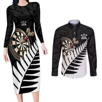 Personalised New Zealand Darts Couples Matching Long Sleeve Bodycon Dress and Long Sleeve Button Shirt Silver Fern Aotearoa Maori Pattern LT14 Black - Polynesian Pride