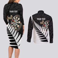 Personalised New Zealand Darts Couples Matching Long Sleeve Bodycon Dress and Long Sleeve Button Shirt Silver Fern Aotearoa Maori Pattern LT14 - Polynesian Pride