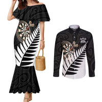 Personalised New Zealand Darts Couples Matching Mermaid Dress and Long Sleeve Button Shirt Silver Fern Aotearoa Maori Pattern LT14 Black - Polynesian Pride