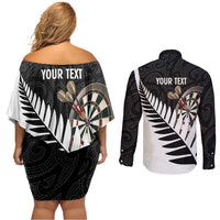 Personalised New Zealand Darts Couples Matching Off Shoulder Short Dress and Long Sleeve Button Shirt Silver Fern Aotearoa Maori Pattern LT14 - Polynesian Pride