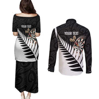 Personalised New Zealand Darts Couples Matching Puletasi and Long Sleeve Button Shirt Silver Fern Aotearoa Maori Pattern LT14 - Polynesian Pride
