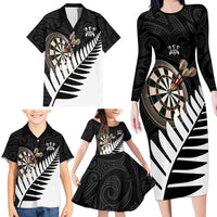 Personalised New Zealand Darts Family Matching Long Sleeve Bodycon Dress and Hawaiian Shirt Silver Fern Aotearoa Maori Pattern LT14 - Polynesian Pride