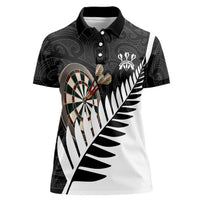 Personalised New Zealand Darts Women Polo Shirt Silver Fern Aotearoa Maori Pattern LT14 Female Black - Polynesian Pride