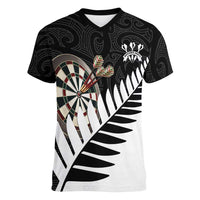 Personalised New Zealand Darts Women V-Neck T-Shirt Silver Fern Aotearoa Maori Pattern LT14 Female Black - Polynesian Pride