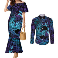 Nukuoro Atoll Couples Matching Mermaid Dress and Long Sleeve Button Shirt Polynesian Shark Tattoo Purple Gradient Vibes LT14 Purple - Polynesian Pride
