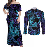Nukuoro Atoll Couples Matching Off Shoulder Maxi Dress and Long Sleeve Button Shirt Polynesian Shark Tattoo Purple Gradient Vibes LT14 Purple - Polynesian Pride