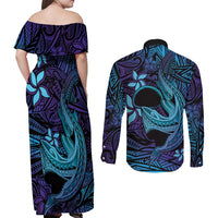 Nukuoro Atoll Couples Matching Off Shoulder Maxi Dress and Long Sleeve Button Shirt Polynesian Shark Tattoo Purple Gradient Vibes LT14 - Polynesian Pride
