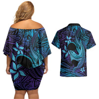 Nukuoro Atoll Couples Matching Off Shoulder Short Dress and Hawaiian Shirt Polynesian Shark Tattoo Purple Gradient Vibes LT14 - Polynesian Pride