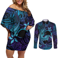 Nukuoro Atoll Couples Matching Off Shoulder Short Dress and Long Sleeve Button Shirt Polynesian Shark Tattoo Purple Gradient Vibes LT14 Purple - Polynesian Pride