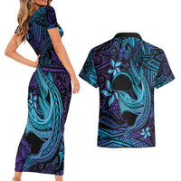Nukuoro Atoll Couples Matching Short Sleeve Bodycon Dress and Hawaiian Shirt Polynesian Shark Tattoo Purple Gradient Vibes LT14 - Polynesian Pride