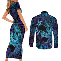 Nukuoro Atoll Couples Matching Short Sleeve Bodycon Dress and Long Sleeve Button Shirt Polynesian Shark Tattoo Purple Gradient Vibes LT14 - Polynesian Pride