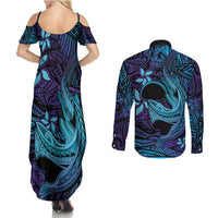 Nukuoro Atoll Couples Matching Summer Maxi Dress and Long Sleeve Button Shirt Polynesian Shark Tattoo Purple Gradient Vibes LT14 - Polynesian Pride