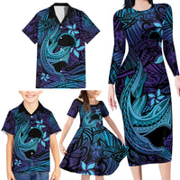Nukuoro Atoll Family Matching Long Sleeve Bodycon Dress and Hawaiian Shirt Polynesian Shark Tattoo Purple Gradient Vibes LT14 - Polynesian Pride