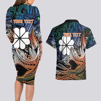 Personalised Kwajalein Atoll Couples Matching Long Sleeve Bodycon Dress and Hawaiian Shirt Polynesian Shark Tattoo Gradient Vibes LT14 - Polynesian Pride