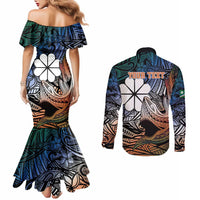 Personalised Kwajalein Atoll Couples Matching Mermaid Dress and Long Sleeve Button Shirt Polynesian Shark Tattoo Gradient Vibes LT14 - Polynesian Pride
