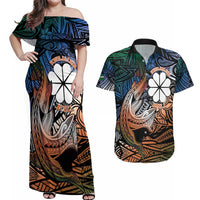 Personalised Kwajalein Atoll Couples Matching Off Shoulder Maxi Dress and Hawaiian Shirt Polynesian Shark Tattoo Gradient Vibes LT14 Black - Polynesian Pride