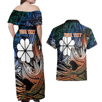 Personalised Kwajalein Atoll Couples Matching Off Shoulder Maxi Dress and Hawaiian Shirt Polynesian Shark Tattoo Gradient Vibes LT14 - Polynesian Pride