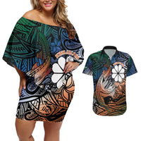 Personalised Kwajalein Atoll Couples Matching Off Shoulder Short Dress and Hawaiian Shirt Polynesian Shark Tattoo Gradient Vibes LT14 Black - Polynesian Pride