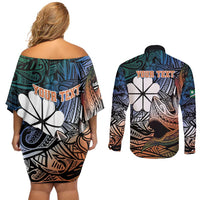 Personalised Kwajalein Atoll Couples Matching Off Shoulder Short Dress and Long Sleeve Button Shirt Polynesian Shark Tattoo Gradient Vibes LT14 - Polynesian Pride