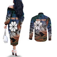 Personalised Kwajalein Atoll Couples Matching Off The Shoulder Long Sleeve Dress and Long Sleeve Button Shirt Polynesian Shark Tattoo Gradient Vibes LT14 - Polynesian Pride