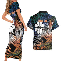Personalised Kwajalein Atoll Couples Matching Short Sleeve Bodycon Dress and Hawaiian Shirt Polynesian Shark Tattoo Gradient Vibes LT14 - Polynesian Pride