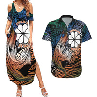 Personalised Kwajalein Atoll Couples Matching Summer Maxi Dress and Hawaiian Shirt Polynesian Shark Tattoo Gradient Vibes LT14 Black - Polynesian Pride