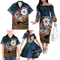 Personalised Kwajalein Atoll Family Matching Off The Shoulder Long Sleeve Dress and Hawaiian Shirt Polynesian Shark Tattoo Gradient Vibes LT14 - Polynesian Pride