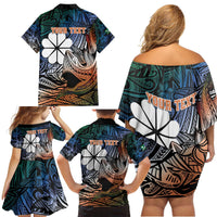 Personalised Kwajalein Atoll Family Matching Off Shoulder Short Dress and Hawaiian Shirt Polynesian Shark Tattoo Gradient Vibes LT14 - Polynesian Pride