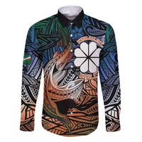 Personalised Kwajalein Atoll Family Matching Off Shoulder Short Dress and Hawaiian Shirt Polynesian Shark Tattoo Gradient Vibes LT14 Dad's Shirt - Long Sleeve Black - Polynesian Pride