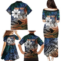 Personalised Kwajalein Atoll Family Matching Puletasi and Hawaiian Shirt Polynesian Shark Tattoo Gradient Vibes LT14 - Polynesian Pride